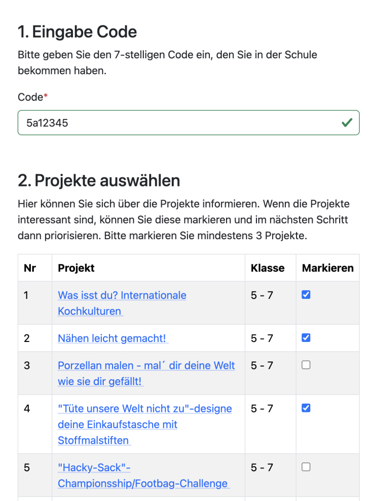 Projekte auswählen